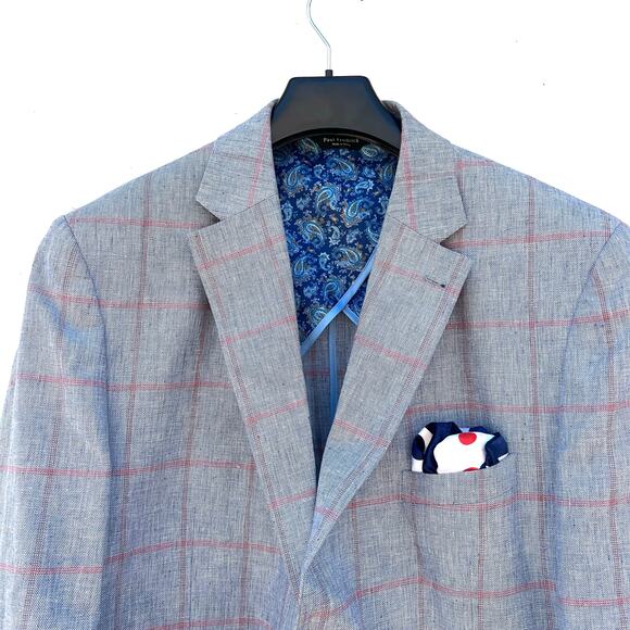 Paul Fredrick Linen Cotton Men’s Blazer Jacket Light Blue Windowpane 48R - Picture 5 of 9